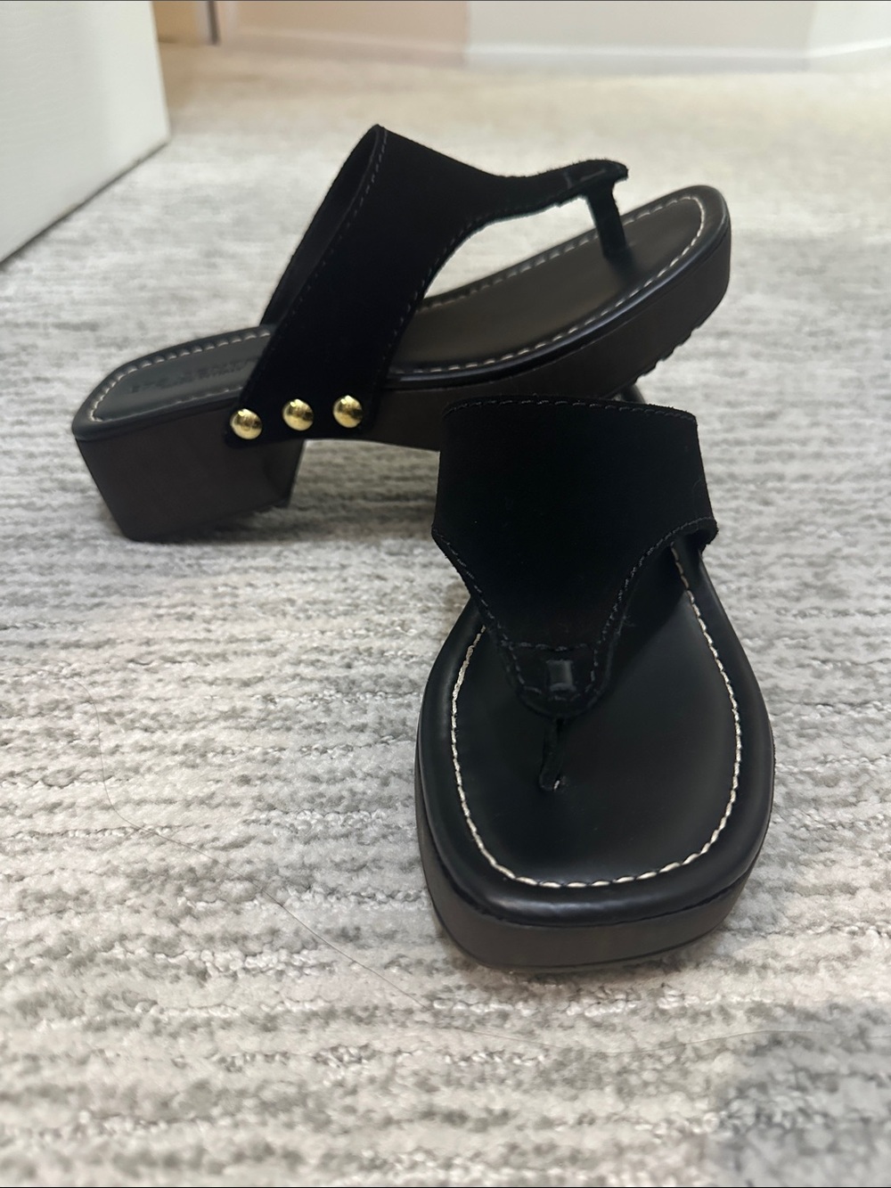 Black Platform Thong Sandals with Gold Stud Accents